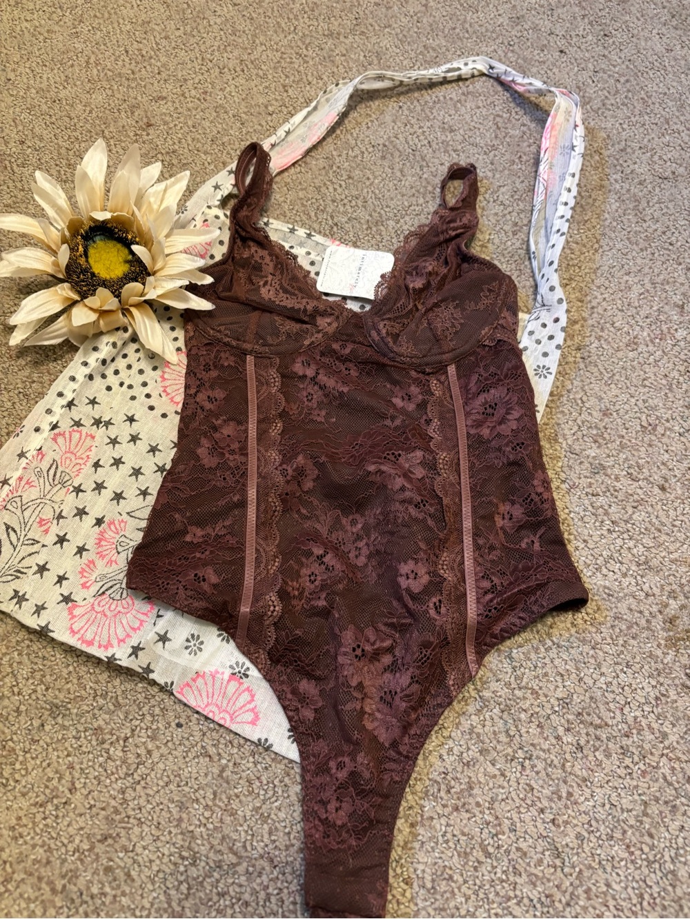 🆕BNWT Free People Lace Bodysuit in Deep Brown